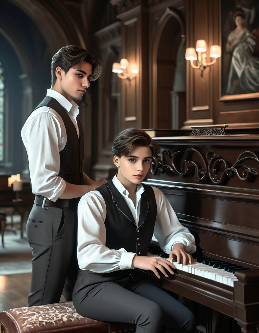 sketch man sits at the piano and plays it for a girl writing a melody for her man he is 22 years old  ((with brown eyes)), Beautiful, brown short hair in a white shirt,  dark gray classic vest , black trousers , ((( and next to a man leaning on the piano is )))  a 22-year-old girl with brown long flowing straight hair and blue eyes ,  in a short emerald colored modern fashionable sexy beautiful dress with round sleeves voluminous against the Arafed background room with a piano and a window in it, gothic epic library concept, gothic epic library, gothic library, alchemist library , unreal engine render concept art, castle library, dusty library,  unreal fantasy art engine, ancient library, library of ruina concept art, photorealistic dark concept art,  dramatic lighting . concept art, inside a castle library, Старая библиотека photo realistic illustration, hyper realistic illustration, realistic illustration, photorealistic detail , hypper realistic illustration, extreme realistic detail, photorealistic detail ed picture, с unreal engine render concept art, ), Ultra-detailed and beautiful face,( Gentle facial expression :1.1),translucent white skin,(Реалистичный skin texture:1.1), , Bold design , Art design ,Beautiful and detailed pattern, Detailed fabric texture, ((1 man, 1 girl)) (romantic sensual scene for a novel :1.1)