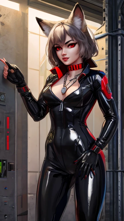 (masterpiece, best quality, high resolution, ((huge breasts))1 beautiful woman, very short cyberpunk-style blonde hair, red lips, black long-sleeved blouse, black leather pants, black heels, earrings, bracelets, choker, serious.(,white background, Stickers.Redmond ), ((full body standing)),