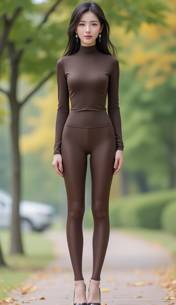 mature body, masterpiece, best quality, ultra-detailed, ultra high res, (photorealistic:1.4), raw photo, (realistic:0.2), CG, {4k|8k} HDR, perfect lighting, 1girl, solo, looking at viewer, outdoor, asymmetrical wavy long hair, (detailed oily skin, medium breasts:1), (detailed background :1.1), (full body:1.2), (full body:1.2), closed mouth, (((she wears black tight long-sleeves bodysuit, tight black flare pants, black boots and black gloves))), ((((show camel toes)))), [nipples], (wavy hair)
