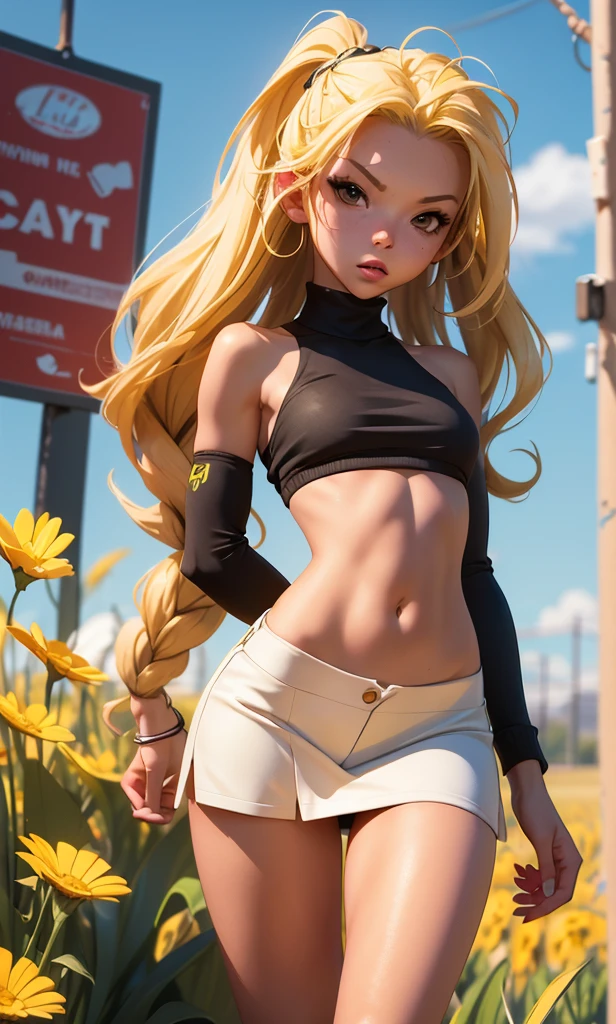  masterpiece, A teenage girl , s, Chiquita, slim, skinny,  long hair,  wavy hair , blonde hair, Brown eyes, cuerpo entero, standing, flat stomach,  nice legs, piernas slims, piel Blanca,  sports shoes , short, mini skirt, (((desnuda))), on the street, wheat field, sexy,