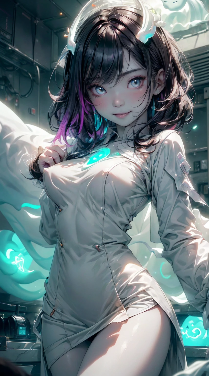 (ghosty:1.85) (doctor:1.5) (nurse:0.65) girl, (white doctor coat:1.4), (spirit, spiritual:1.2), 1girl, perfect and well designed glowing shiny eyes, (beautiful detailed eyes:1.05), natural medium breasts, slim body, beautiful and delicate cute face, (face detail), ((realistic face)), pores, ((pale grey skin)), detailed skin, realistic skin, (((bioluminescence))), ((shiny skin)), (multicolored gradation skin), (monster girl:1.25), human face, medium length hair, hair voluminous, (((((multicolored gradation hair))))), (dark-haired:1.75), super high resolution, 8k, parameters Best quality, (masterpiece:1.4), (magic accessories:1.4), bracelets, extremely detailed thick tight ((white:1.5), (green:1.2), (pink:0.5)) (medical uniform:1.7), (shirt:1.7), (skirt:1.3), (stockings:1.4), (standing nipples under cloth:1.3), (neckline:1.3), (cleavage:1.4), (decolette:1.5), Young Girl, Little Beast, (Smile:0.9), (pale Skin:1.85), ultra detailed, photorealistic, ((Real image)), (best quality:1.4), super high resolution, (Realistic 2.0), More details, (((1girl))), {(medical ward:1.2)|(doctor office:1.2)}, (beautiful and aesthetic:1.2), (fractal art:1.4), (cinematic light:1.1), (DUTCH ANGLE:1.2), full body, 16K, HDR, RTX, Ray Tracing, Radiosity, Anisotropic Filtering, Subsurface Scattering, (((magic lights))), metallic reflections, Detailed, Realistic, 4k highly detailed digital art, (cool_color), extremely detailed CG unity 8k wallpaper, vibrant colors, (seductive pose:1.6), (spread legs:1.3)