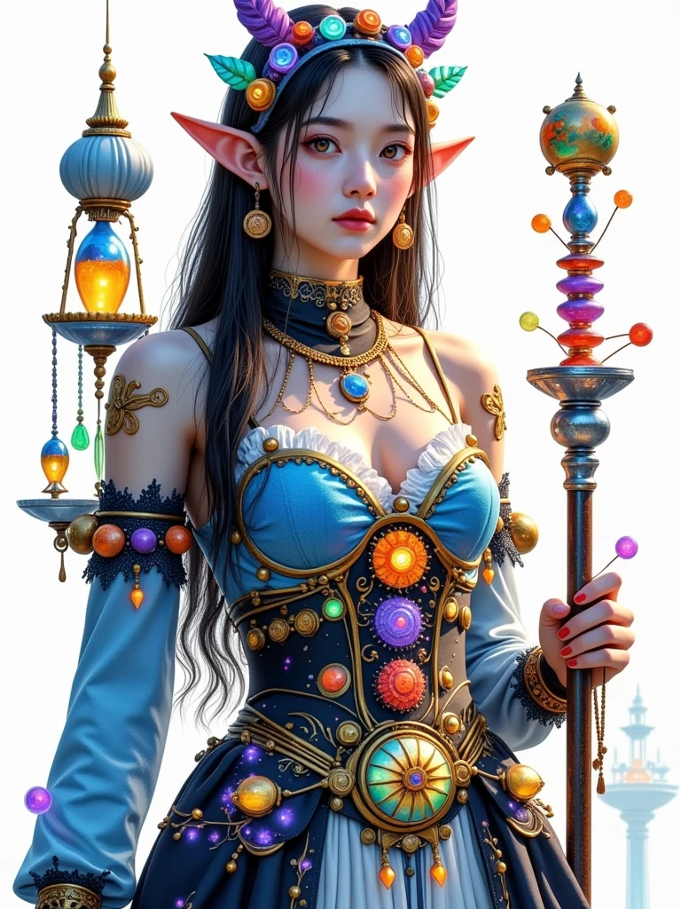 Super detailed high-quality 8K stunning, high-quality digital artwork of a beautiful elven lady with a steampunk cane. The background is a crisp white canvas, allowing the vibrant colors of the artwork to stand out. The lady elf's attire is adorned with intricate details, including a six-tiered glass accessory and other steampunk elements. The play of light and shadow amplifies the image's beauty, and the 8K detail enhances the vibrancy of the colors. The image is a masterful blend of photo, illustration, 3D render, and painting, with an enchanting atmosphere that captivates the viewer with its exceptional detail and accents on even the smallest elements., 3d render, photo, illustration, painting, vibrant. Created by Sasan