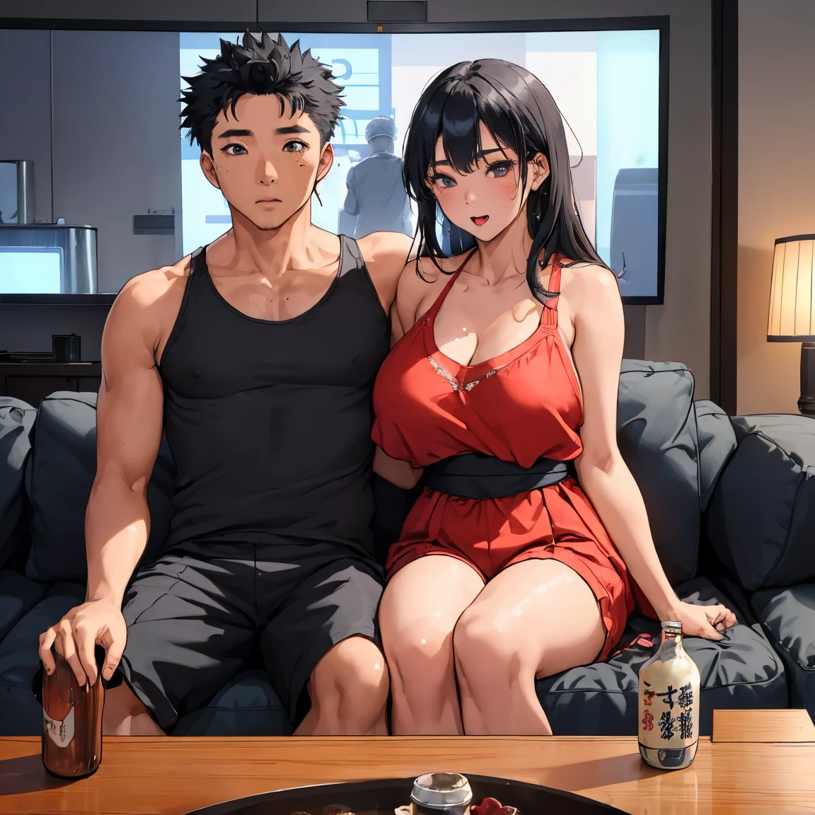 (((((((There are only two men and women on the screen)))))))、(((Western-style living room )))、((1 Japanese 40-year-old woman ))、(( 1 large 20-year-old male of black African descent ))、 very big breasts 、Very big ass、 wide hips、((( tank top 、 shorts )))、 African black men are muscular and big, sit side by side on the couch、LOL、Great fun、LOL、fun、happy、Stick、Familiar、Huddle together、Closely attached、 Brushing Her Hand Over Her Shoulder 、Hold the waist、 black African man rubs woman's boobs、Interaction、touch、Physical affection、Drunk、Drinking alcohol、There are many containers of sake on the low table 、Beer 、whiskey、vodka、facing viewer、