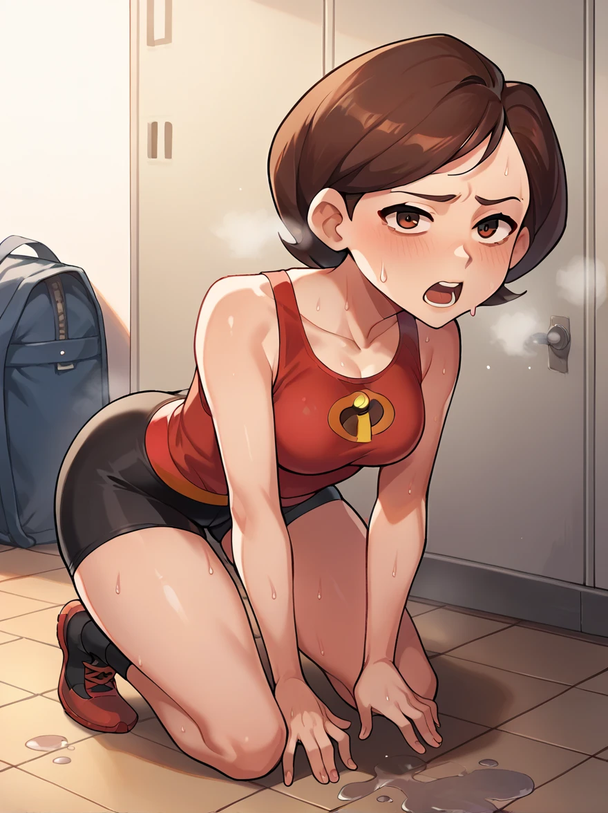 score_9, score_8_up, score_7_up, score_6_up, score_5_up, score_4_up, BREAK, source_cartoon, source_anime, 1girl, helen parr, brown hair, brown eyes, looking at viewer, bending over, hands on knees, dripping sweat, dripplits of sweat on the floor, puddle of sweat, steam coming out of her mouth, tight red gym shorts, tight red gym tank top, sweating profusely, exhausted, breathing, open mouth,