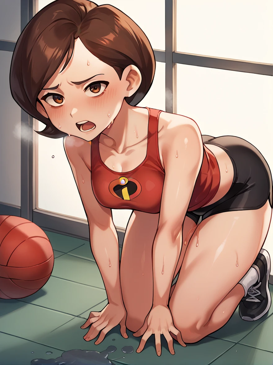 score_9, score_8_up, score_7_up, score_6_up, score_5_up, score_4_up, BREAK, source_cartoon, source_anime, 1girl, helen parr, brown hair, brown eyes, looking at viewer, bending over, hands on knees, dripping sweat, dripplits of sweat on the floor, puddle of sweat, steam coming out of her mouth, tight red gym shorts, tight red gym tank top, sweating profusely, exhausted, breathing, open mouth,