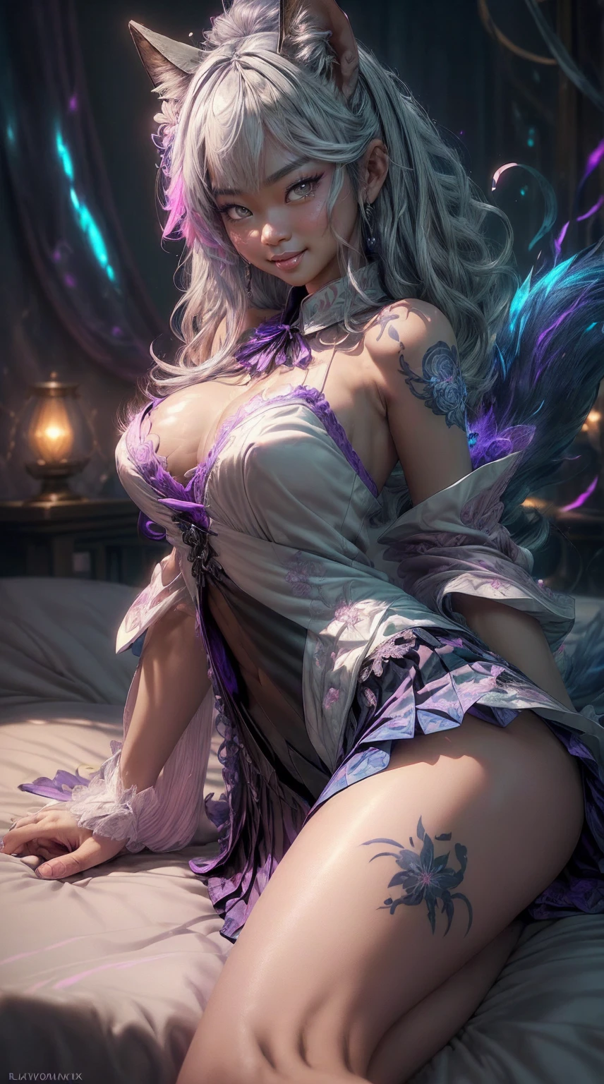 Ahri from League of Legends, with a fully detailed fit body, full detailed face, detailed Eyes, detailed mouth, beautiful hanging breasts, sexy Make-Up, shy and seductive look, spread legs, realistic style, narrow hips, pretty face, perfect lightning, detailed hair, detailed background, negligee, Lingerie, Strumpfhose, High Heels, getting POV fucked 