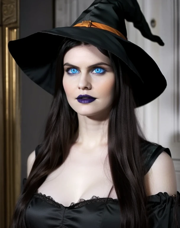 Witch woman with blue eyes, long black hair, pale white skin, in a dark old house, wearing a ragged medieval dress and a witch hat, dark makeup, huge tits, holding jack-o lantern