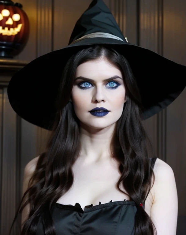 Witch woman with blue eyes, long black hair, pale white skin, in a dark old house, wearing a ragged medieval dress and a witch hat, dark makeup, huge tits, holding jack-o lantern