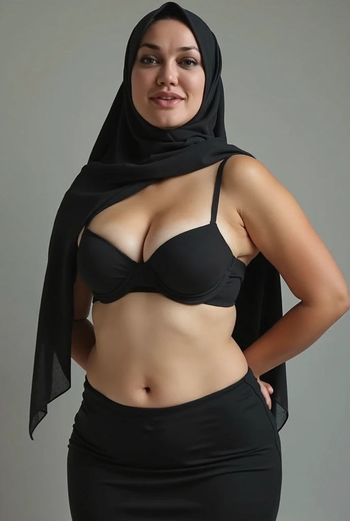 RAW photo,candid photograph, full body,photo of a beautiful,influencer,35yo Moroccan woman,black hijab, detailed skin, naked, looking at viewer, chubby body structure,white background,no background, candid pose,blue light, film grain, kodak color, instagram LUT