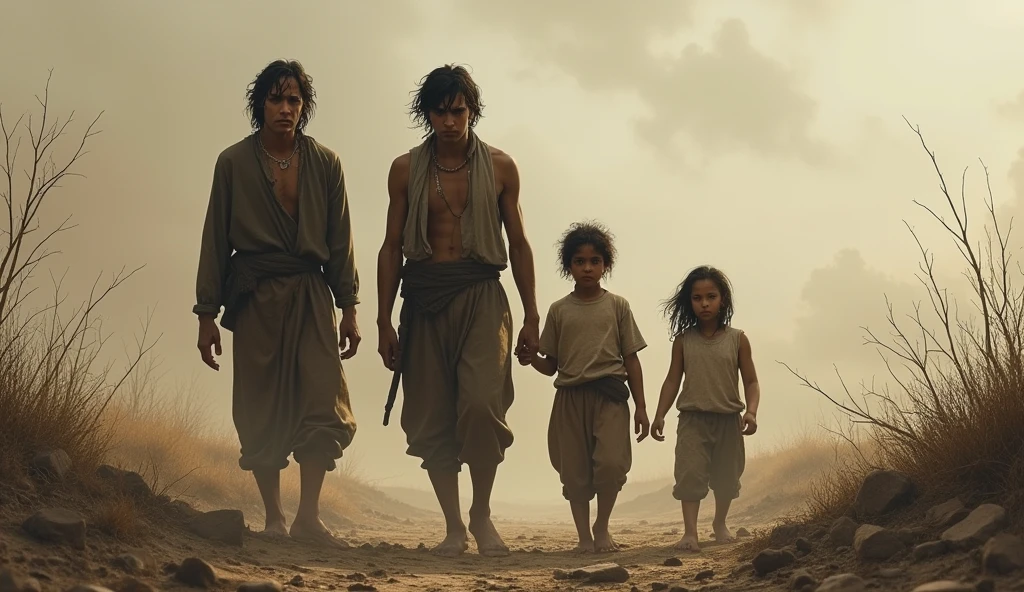 Three angry bargees with a family of two parents and three naked little children in the desert 