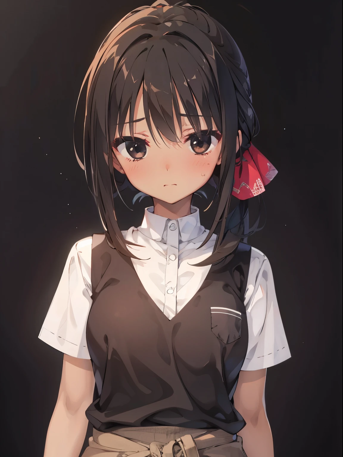 (blush, embarrassed, closed mouth), 1 girl, upper body, (facing viewer, looking viewer), standing straight, (black eyes, (black hair), (front ponytail), medium breast), ((black vest, brown pants)), (gray background), Sharp Focus, (Best Quality, masterpiece, detailed, facial focus), (detailed hand), (solo shot), ((tanned, brown skin)), waist, hips, (white collar, white short sleeves)