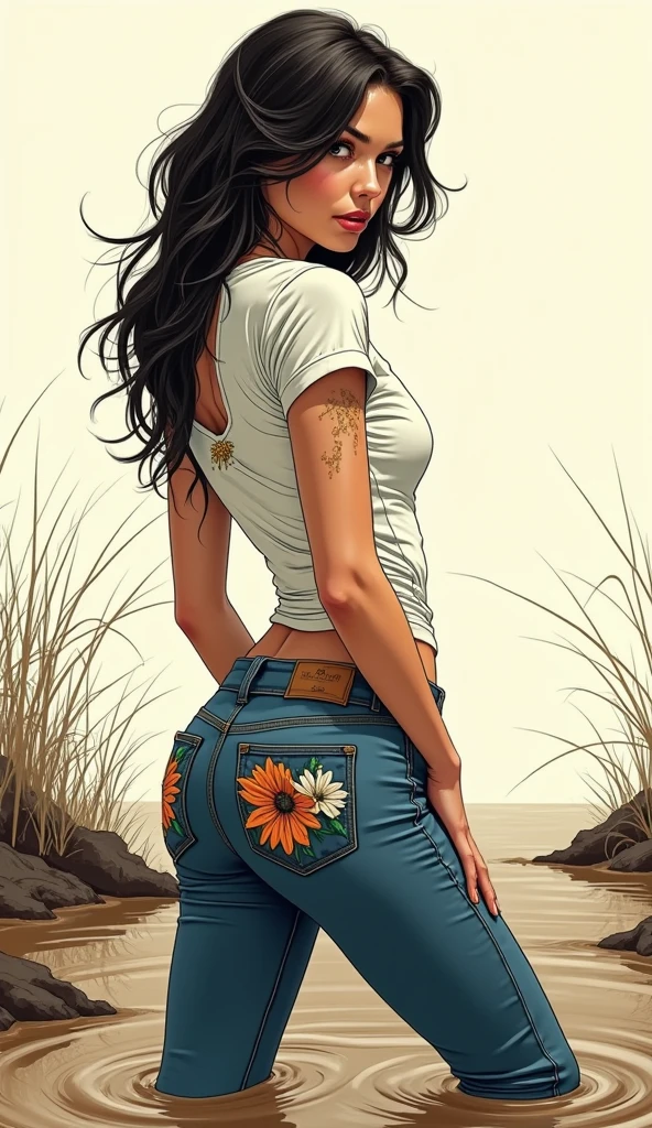 masterpiece, adult comics atmosphere, close-up, vintage glamour magazine setting,minimalistic illustration line-art, mud-covered tight vintage denim jeans  and t-shirt, flowered embroidery on bum, woman drowning deep in mud, attention-grabbing, artistic posing, looks back, sensation, sexual tension