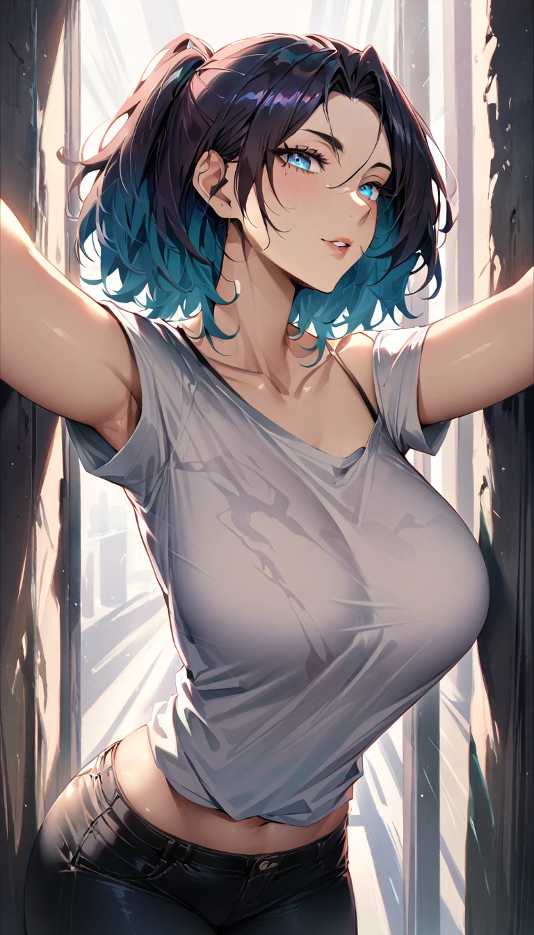 (best quality,ultra-detailed,highres,masterpiece:1.2), detailed eyes, realistic facial features, intense gaze, flawless skin, alluring, soft and natural lighting, vibrant colors, cool hair ,low shoulder t-shirt,perfect, kabedon