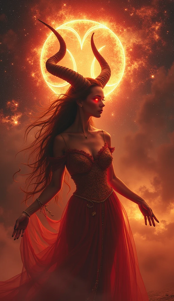 (Masterpiece artwork) (the man of quality) In a dark room filled with a strange reddish mist and golden sparks, a beautiful and seductive being with demonic appearance and great magical powers emerges.... Your hair is being lifted by a mysterious wind.