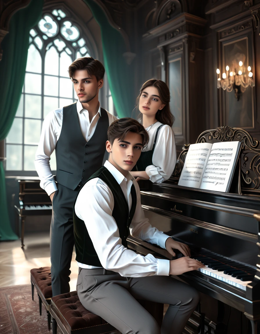 sketch man sits at the piano and plays it for a girl writing a melody for her man he is 22 years old  ((with brown eyes)), Beautiful, brown short hair in a white shirt,  dark gray classic vest , black trousers , ((( and next to a man leaning on the piano is )))  a 22-year-old girl with brown long flowing straight hair and blue eyes ,  in a short emerald colored modern fashionable sexy beautiful dress with round sleeves voluminous against the Arafed background room with a piano and a window in it, gothic epic library concept, gothic epic library, gothic library, alchemist library , unreal engine render concept art, castle library, dusty library,  unreal fantasy art engine, ancient library, library of ruina concept art, photorealistic dark concept art,  dramatic lighting . concept art, inside a castle library, Старая библиотека photo realistic illustration, hyper realistic illustration, realistic illustration, photorealistic detail , hypper realistic illustration, extreme realistic detail, photorealistic detail ed picture, с unreal engine render concept art, ), Ultra-detailed and beautiful face,( Gentle facial expression :1.1),translucent white skin,(Реалистичный skin texture:1.1), , Bold design , Art design ,Beautiful and detailed pattern, Detailed fabric texture, ((1 man, 1 girl)) (romantic sensual scene for a novel :1.1)