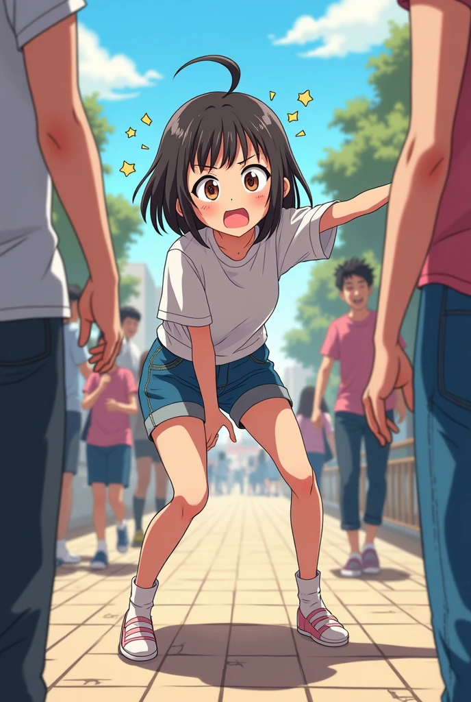 an 18 year old girl in a crowded park, outdoors, wearing white ankle socks, not wearing any shoes, caught masturbating in the middle of the crowd, full body view, add a lot of people BREAK (completely nude:1.2), (naked:1.2), BREAK add a lot of people, long distance shot, clear face, (embarrassed, panicking, upturned eyes, full-face blush, open mouth, parted lips:1.3),