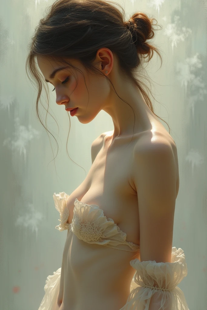 (Naked:1.2), Photo of a gorgeous young girl from the side in the style of Stefan Kostic, realistic skin texture, Looking down, big breastes, 1 / 2 Exterior Finishes, 8 5mm art lens, F 1. 2, sharp-focus, 8K High definition, insanely detailed, Intricate, elegant, Drawn by Stanley Lau and artgerm. Decorated with flowers and bandages. Mummification.