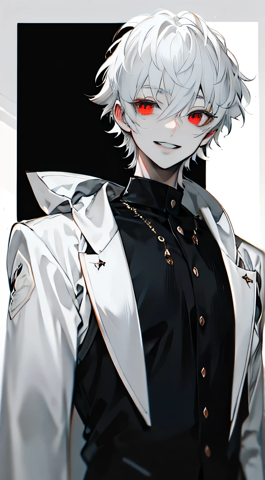 Anime boy with black choker and silver hair, double teeth, black hoodie, yellow eyes, androgynous