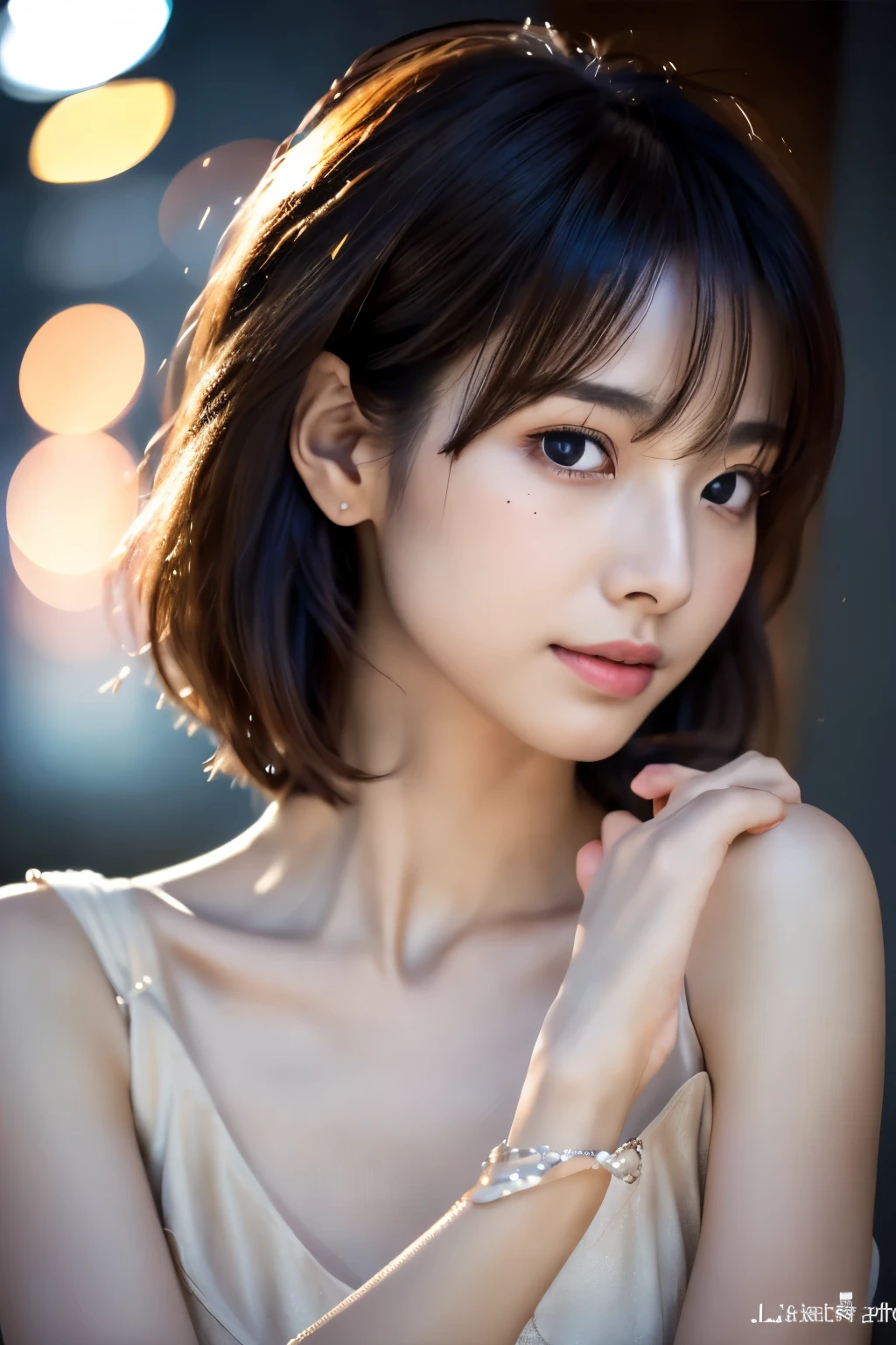 (8k, RAW Photo, Best Quality, Masterpiece:1.2), Ultra Detail, Super Resolution, (Realistic, Realistic Photo:1.37), Portrait, High Detail RAW Color Photo, Professional Photo, Extremely Detailed and Beautiful, Extremely detailed, 8k wallpaper, amazing and detailed, huge file size, official art, highly detailed CG unity 8k wallpaper, highly detailed beautiful girl, highly detailed face, highly detailed eyes, highly detailed skin, highly detailed fingers, highly detailed nose, very detailed detailed mouth , perfect anatomy, highly detailed background, highly detailed clothes, 1girl, (20:1.2), 20s, cute girl, realistic body, petite, fair skin, glowing skin , slim body, handsome body, black hair , short hair, (blunt bangs:1.2), smile, cute, youthful, cute face, realistic face, delicate eyes, drooping eyes, lingerie, see-through, earrings, looking at viewer, facing front, standing posture, Contraposto, dynamic lighting, very large breasts,