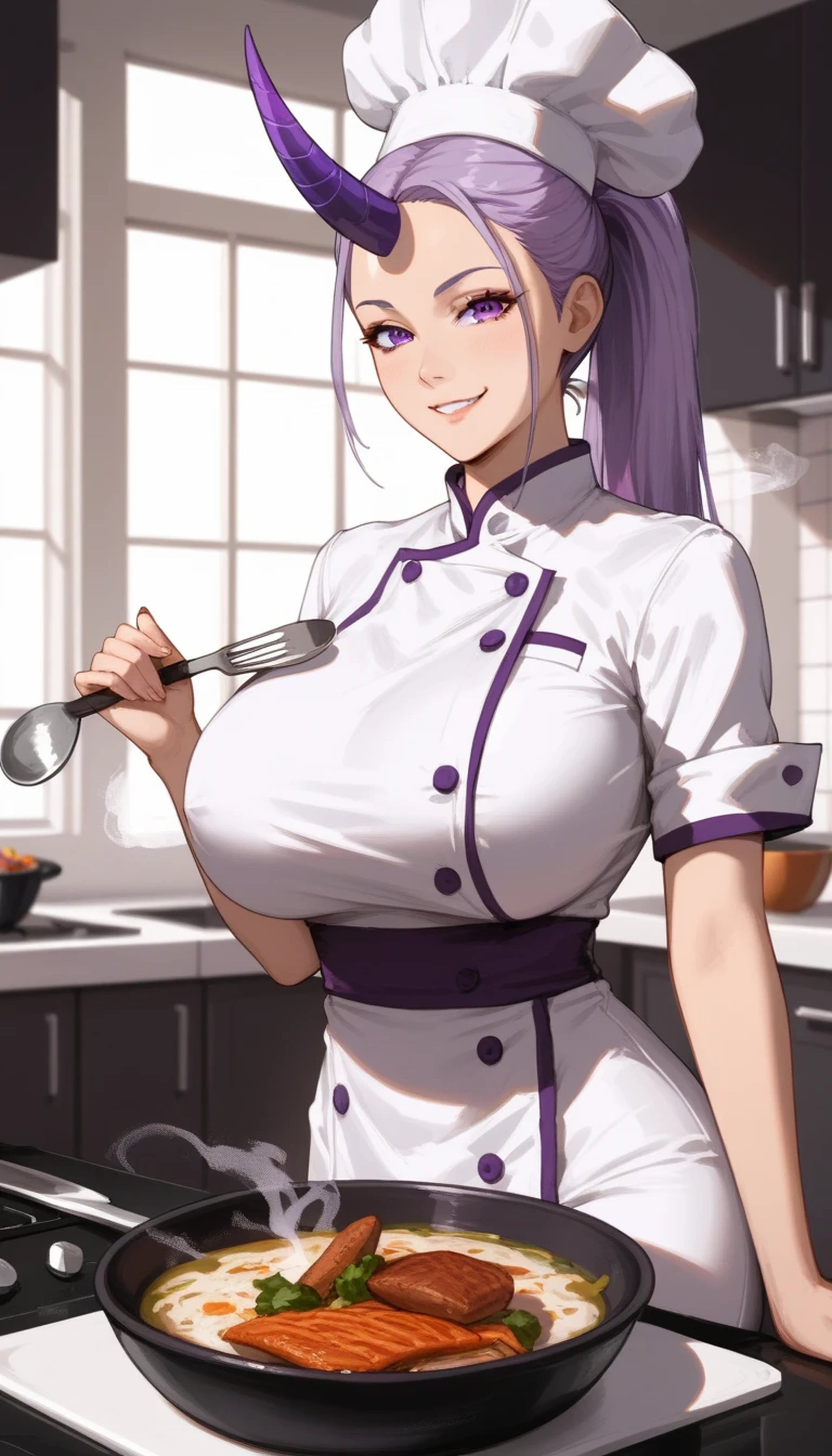 Shion from anime, long lavender ponytail with long parted bangs, purple eyes, tall, adult sexy curvy body, slim waist, beautiful woman, ((single dark purple horn on forehead)), gigantic breasts, wearing chef uniform and chef hat, evil smirk, shadow on face, looking at viewer, purple smoke in the kitchen background, with a purple stew in pot on the foreground