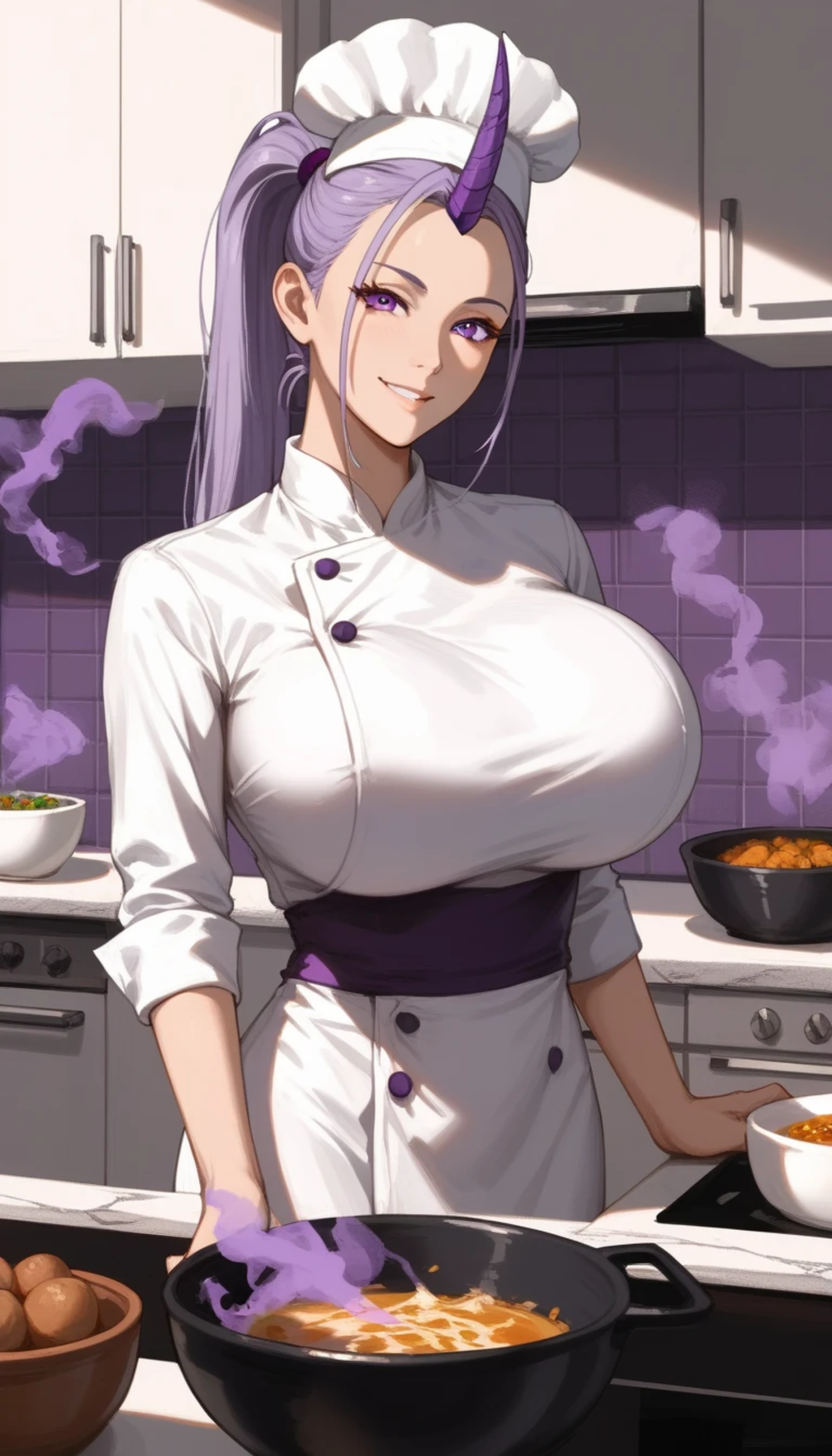 Shion from anime, long lavender ponytail with long parted bangs, purple eyes, tall, adult sexy curvy body, slim waist, beautiful woman, ((single dark purple horn on forehead)), gigantic breasts, wearing chef uniform and chef hat, evil smirk, shadow on face, looking at viewer, purple smoke in the kitchen background, with a purple stew in pot on the foreground