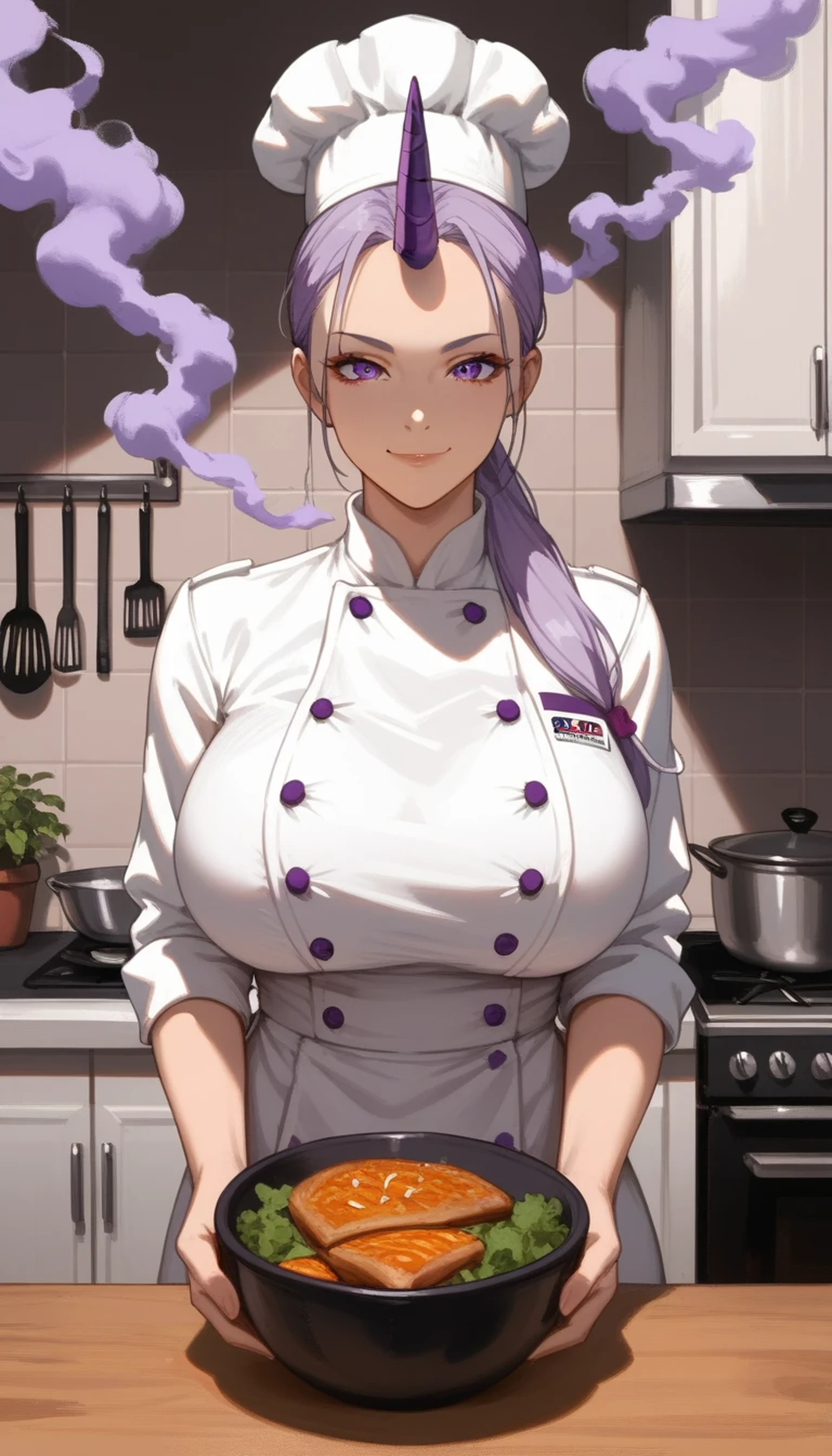 Shion from anime, long lavender ponytail with long parted bangs, purple eyes, tall, adult sexy curvy body, slim waist, beautiful woman, ((single dark purple horn on forehead)), gigantic breasts, wearing chef uniform and chef hat, evil smirk, shadow on face, looking at viewer, purple smoke in the kitchen background, with a purple stew in pot on the foreground