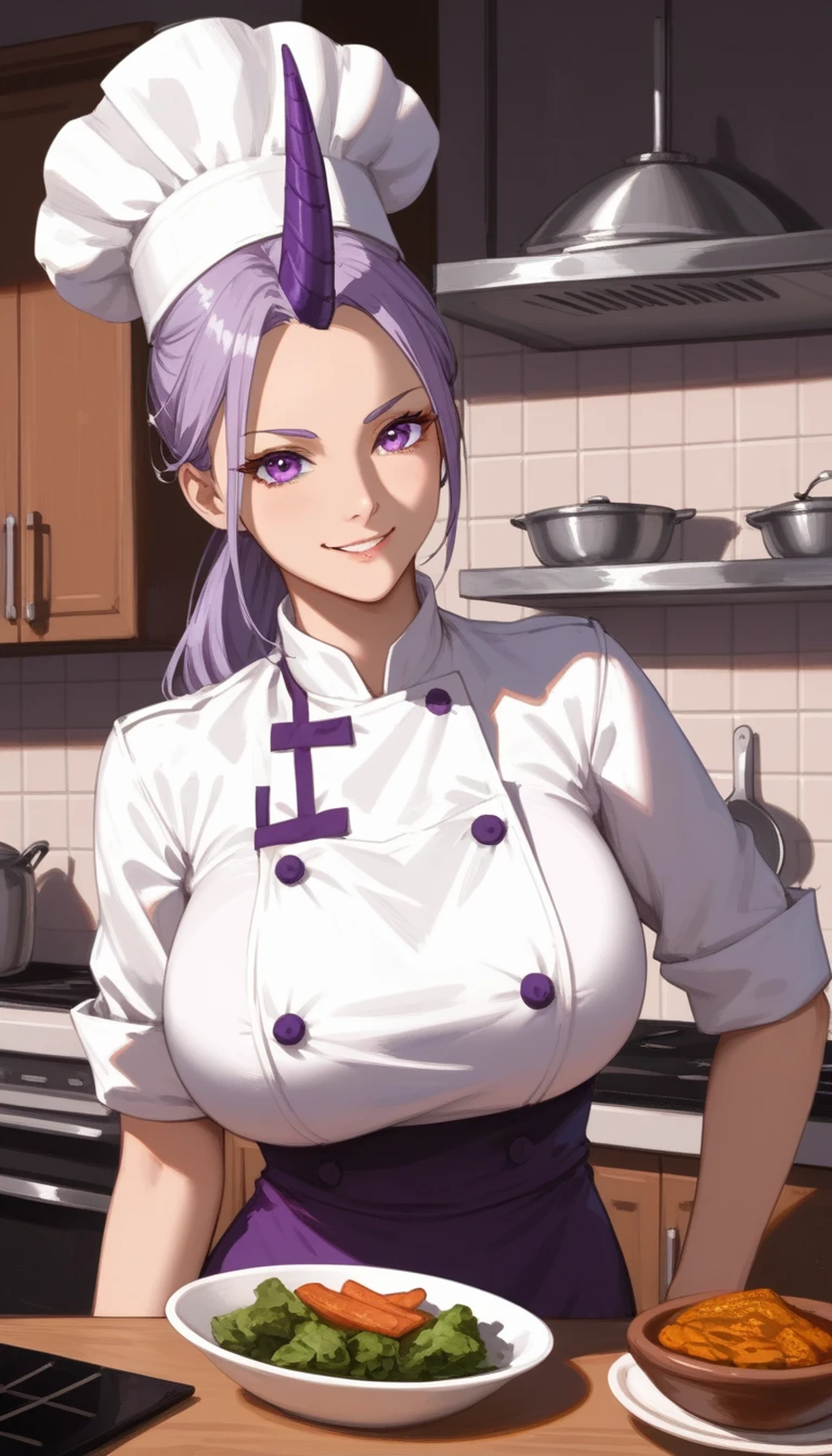 Shion from anime, long lavender ponytail with long parted bangs, purple eyes, tall, adult sexy curvy body, slim waist, beautiful woman, ((single dark purple horn on forehead)), gigantic breasts, wearing chef uniform and chef hat, evil smirk, shadow on face, looking at viewer, purple smoke in the kitchen background, with a purple stew in pot on the foreground