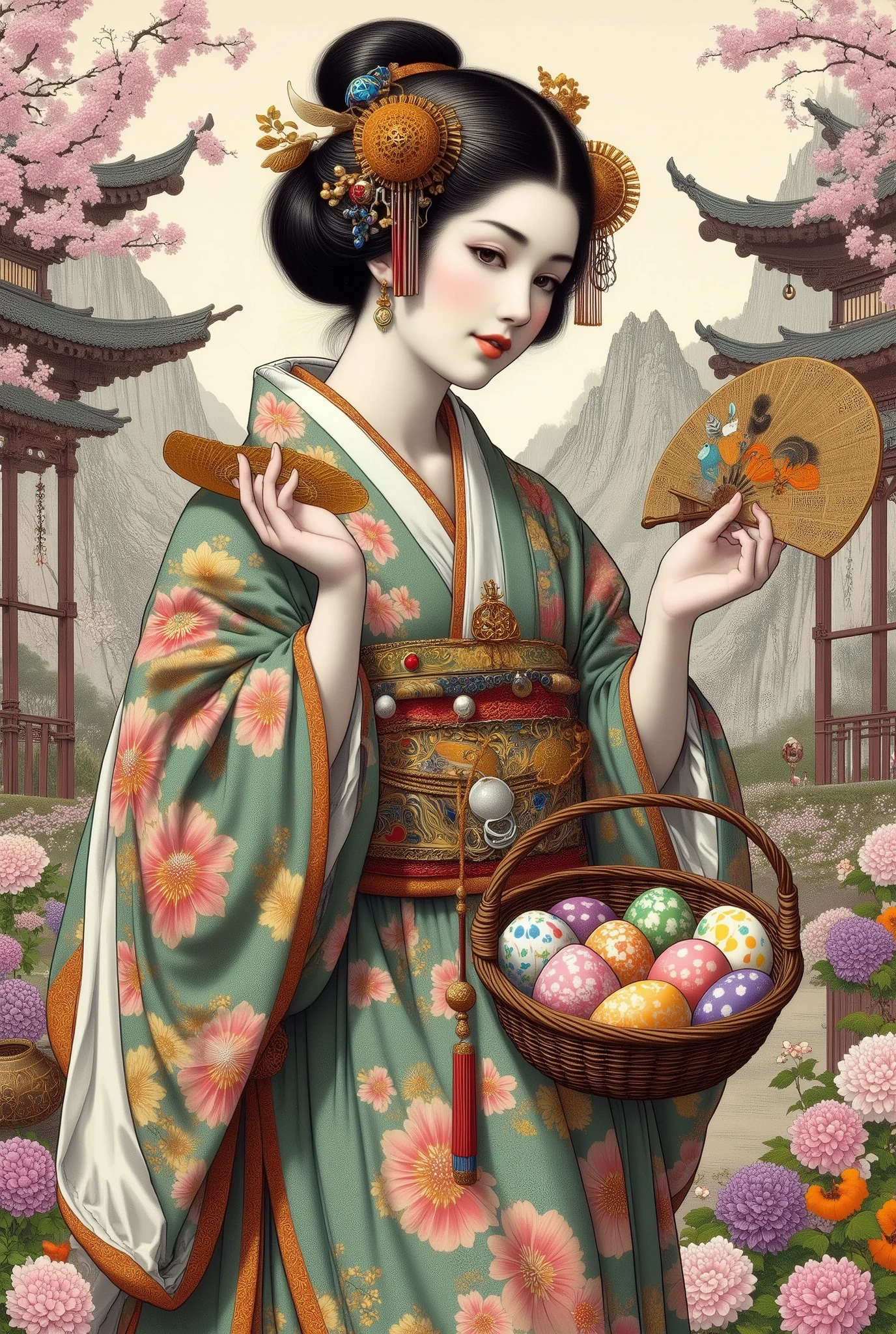 (Ultra-detailed face, Looking away, Fantasy Illustration with Gothic, Rich tone colors.), BREAK 
(A Japanese dancer in a Japanese kimono dances quietly on an outdoor theater built in the garden of a large Kyoto shrine as cherry blossom petals dance in bold poses and large actions, moving widely across the stage.), BREAK 
(The dancer wears a greenish-brown Japanese kimono with a vermilion hairpin in her tied Japanese hair. Her kimono is decorated with a ball of woven thread, a celadon incense burner, a bamboo screen and wisteria flowers fluttering in the wind. A fan with a tortoiseshell cat on it is open, and she dances gracefully, stepping with it. She wears white tabi socks on her feet.), BREAK 
(A female dancer of a young age with jet-black hair and eyebrows, her hair tied in a round topknot, small pink lips, white skin coated with white powder, lavender eyes, and thick, dark eyeliner around her eyes.)