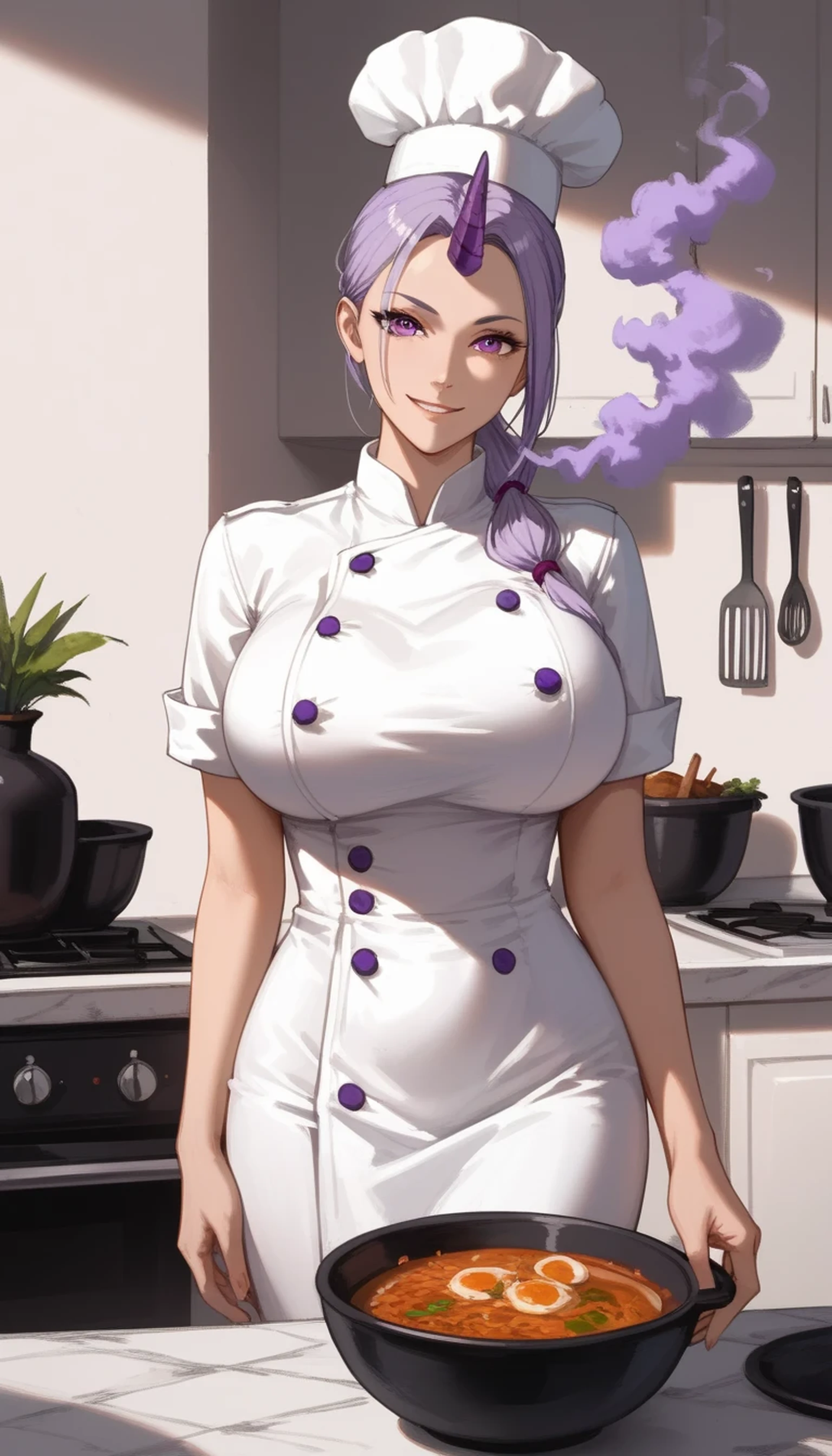 Shion from anime, long lavender ponytail with long parted bangs, purple eyes, tall, adult sexy curvy body, slim waist, beautiful woman, ((single dark purple horn on forehead)), gigantic breasts, wearing chef uniform and chef hat, evil smirk, shadow on face, looking at viewer, purple smoke in the kitchen background, with a purple stew in pot on the foreground