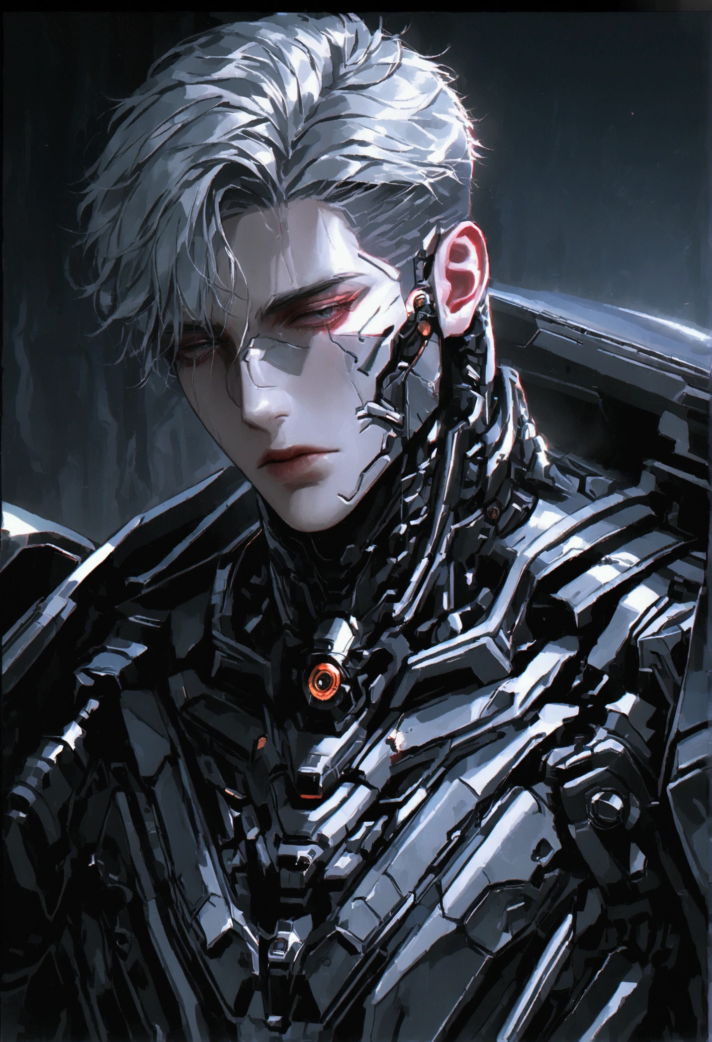 a semi-realistic cyborg man, short silver hair, sharp chiseled facial features, intense robotic cyberpunk expression, hyper detailed, 8k, cinematic lighting, moody sci-fi atmosphere, intricate mechanical details, photorealistic, dark color palette, dramatic lighting, manhwa style