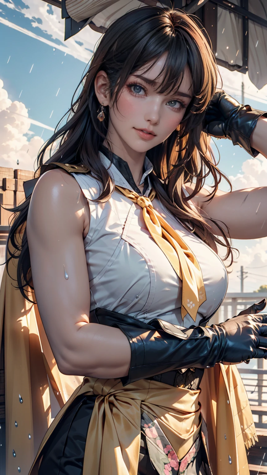 (Very exquisite beautiful face and eyes:1.2),(Laugh together),((Big Breasts))、Skirt fluttering in the wind、Fresh Skin、Beautiful legs,Sailor suit、,brown hair、Yellow headband、Hold down the skirt、
(highest quality,masterpiece:1.2),1 girl,Looking at the audience,
Natural light,Hair blowing in the wind,Beautifully detailed skies,