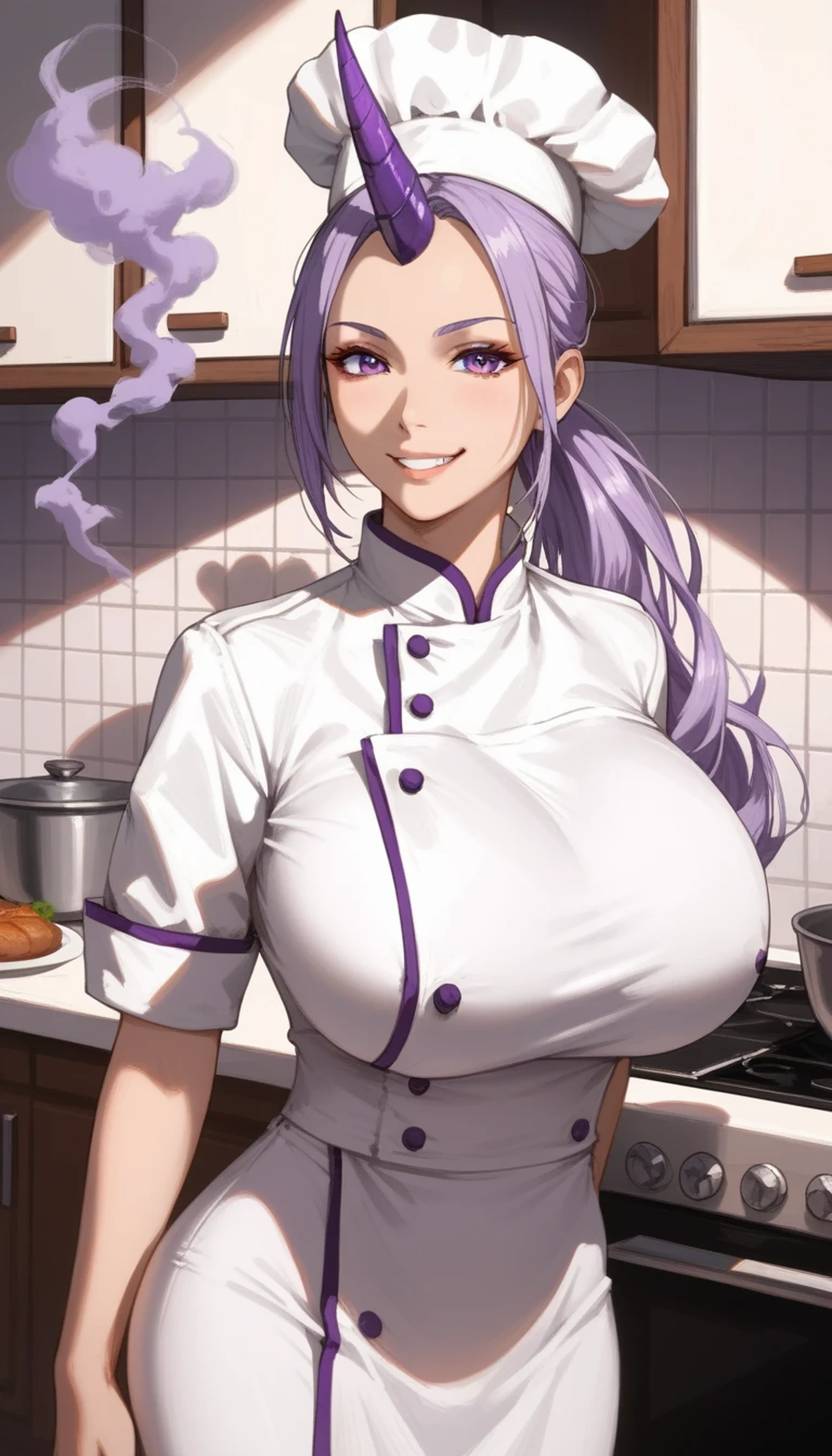 Shion from anime, long lavender ponytail with long parted bangs, purple eyes, tall, adult sexy curvy body, slim waist, beautiful woman, ((single dark purple horn on forehead)), gigantic breasts, wearing chef uniform and chef hat, evil smirk, shadow on face, looking at viewer, purple smoke in the kitchen background, with a purple stew in pot on the foreground