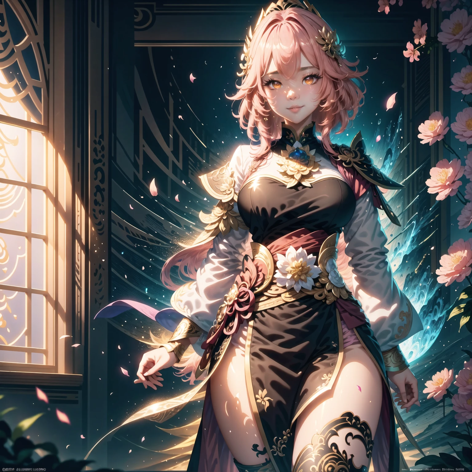 (master piece:1.5), (best quality:1.5), (exquisite lighting and shadow, highly dramatic picture, cinematic lens effect) (Photorealistic picture) (Card game image) 8k, wallpaper, dynamic pose, full body female short pink hair girl wearing an intricate elaborate silver armor with orange ornaments, black long cape, holding a large maze, holding a big shield, big hips, sun noon background, big tower at the distance, ethereal lighting, sharp focus, highly detailed, realistic, cinematic lighting, studio quality