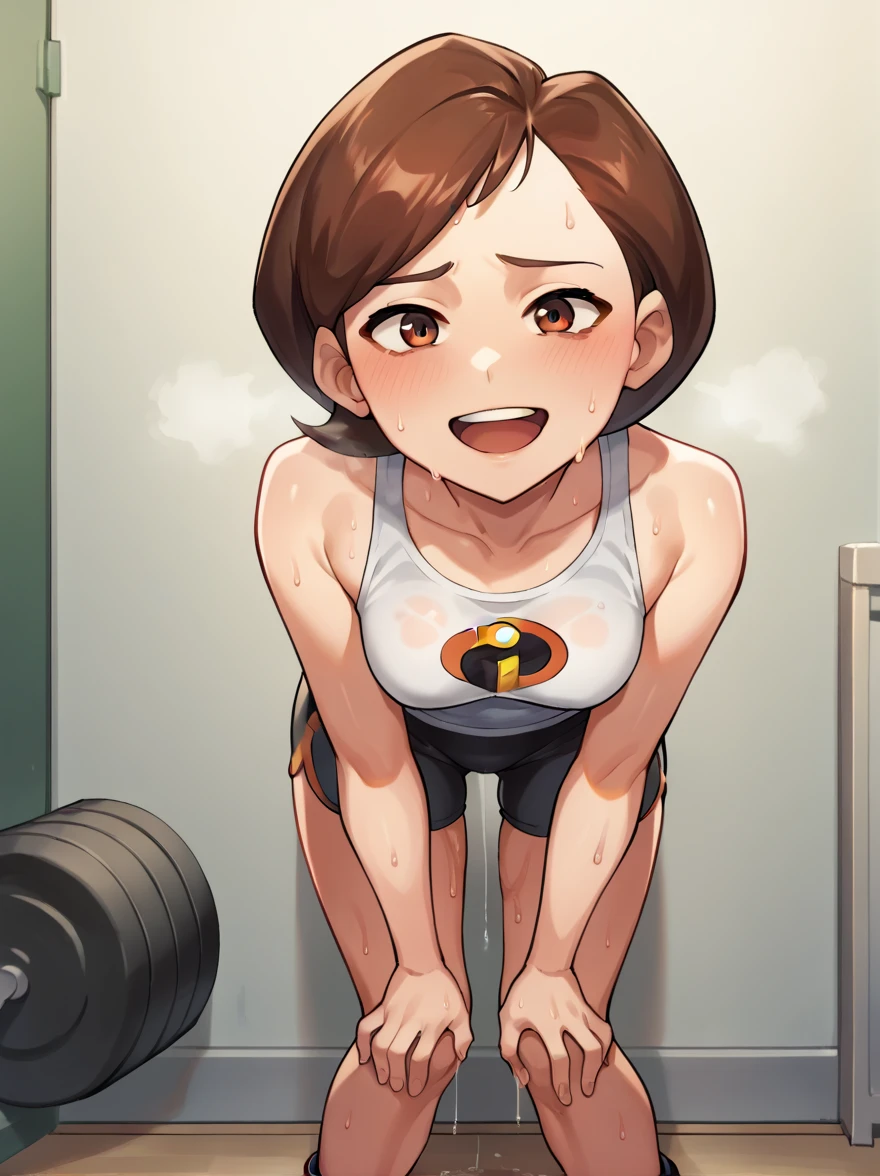 score_9, score_8_up, score_7_up, score_6_up, score_5_up, score_4_up, BREAK, source_cartoon, source_anime, 1girl, helen parr, brown hair, brown eyes, smile, upper body, looking at viewer, bending over, hands on knees, dripping sweat, dripplits of sweat on the floor, puddle of sweat, sweating profusely, exhausted, breathing, open mouth, steam coming out of her mouth, tight red gym shorts, tight red gym tank top, dripping sweat from her chin, arms and legs  