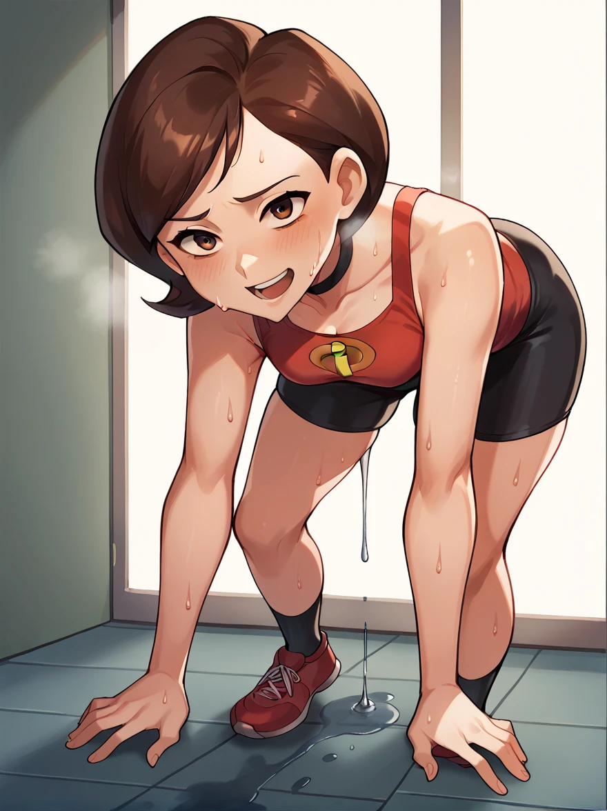 score_9, score_8_up, score_7_up, score_6_up, score_5_up, score_4_up, BREAK, source_cartoon, source_anime, 1girl, helen parr, brown hair, brown eyes, smile, upper body, looking at viewer, bending over, hands on knees, dripping sweat, dripplits of sweat on the floor, puddle of sweat, sweating profusely, exhausted, breathing, open mouth, steam coming out of her mouth, tight red gym shorts, tight red gym tank top, dripping sweat from her chin, arms and legs  