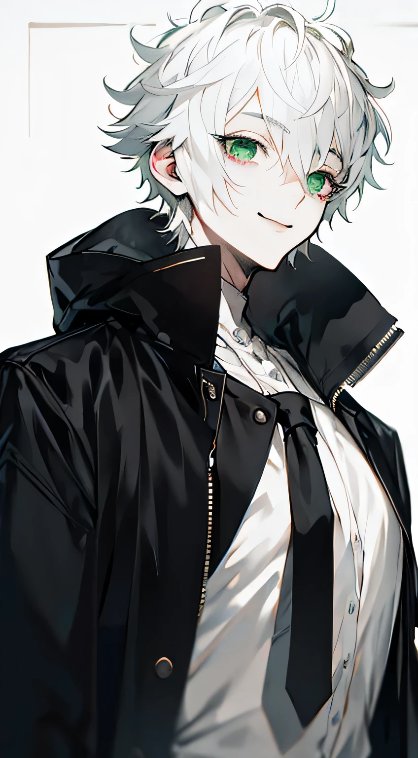 Masterpiece, solo, 1 male, short hair, blond hair, yellow eyes, smirk facial, black and white shirt, black coat