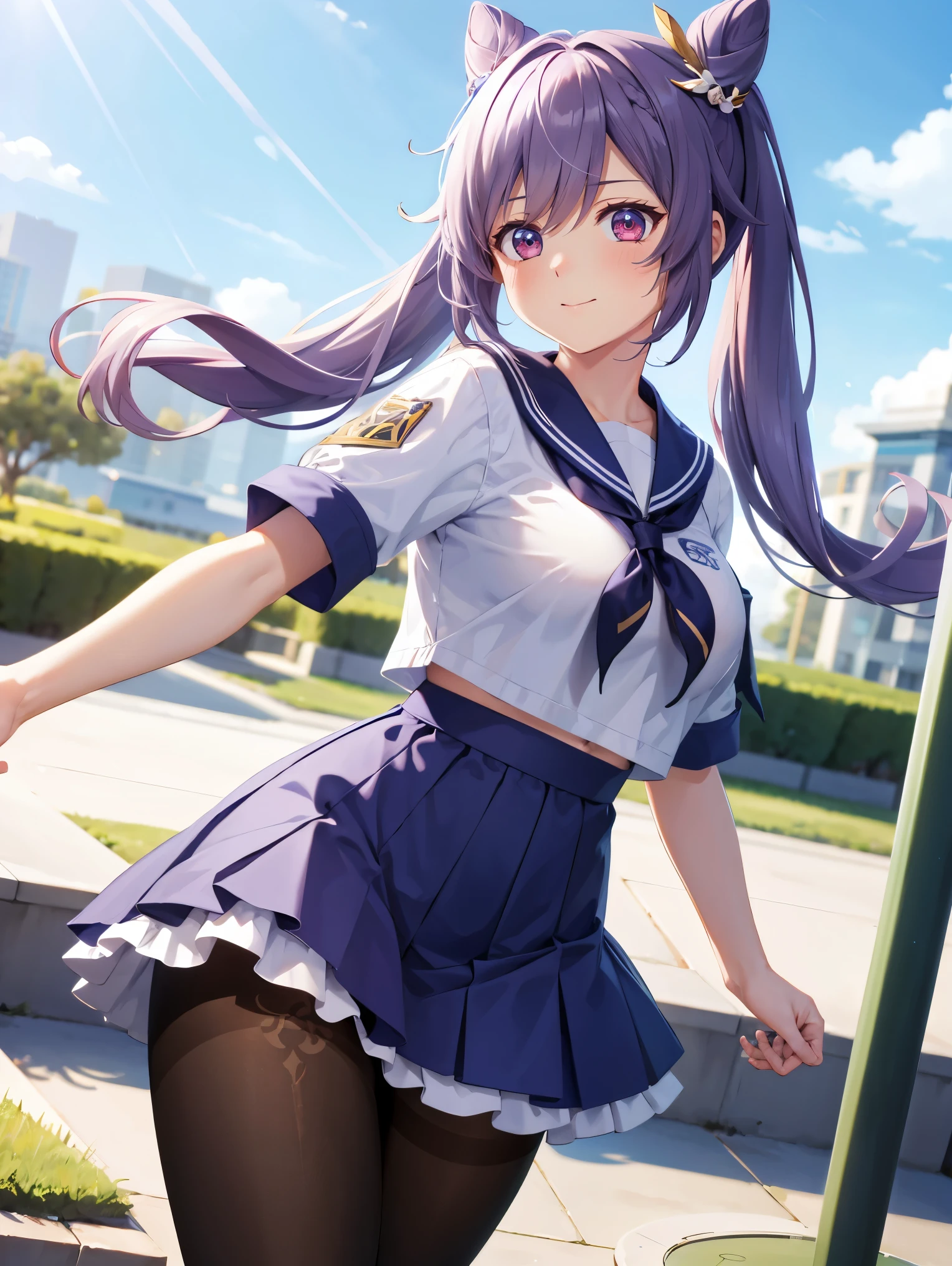 Anna Mochizuki (Million Live), Shiny Trinity \ (Costume), (Best Quality, 8K, Masterpiece, Super Detail: 1.2), Night, Outside.1 Girl, Solo, Skirt, True Face, V, Watch Viewer, White Sailor Color, Blue Shirt, Sailor Color, Blue Skirt, Pleated Skirt, Short Sleeve, :d, Shirt, School Uniform, Blush, Serafuk, Clavicle, Bow, Ribbon, Blue bow.Put your hands on your hips,Chest up,Clench your fists.View from below.