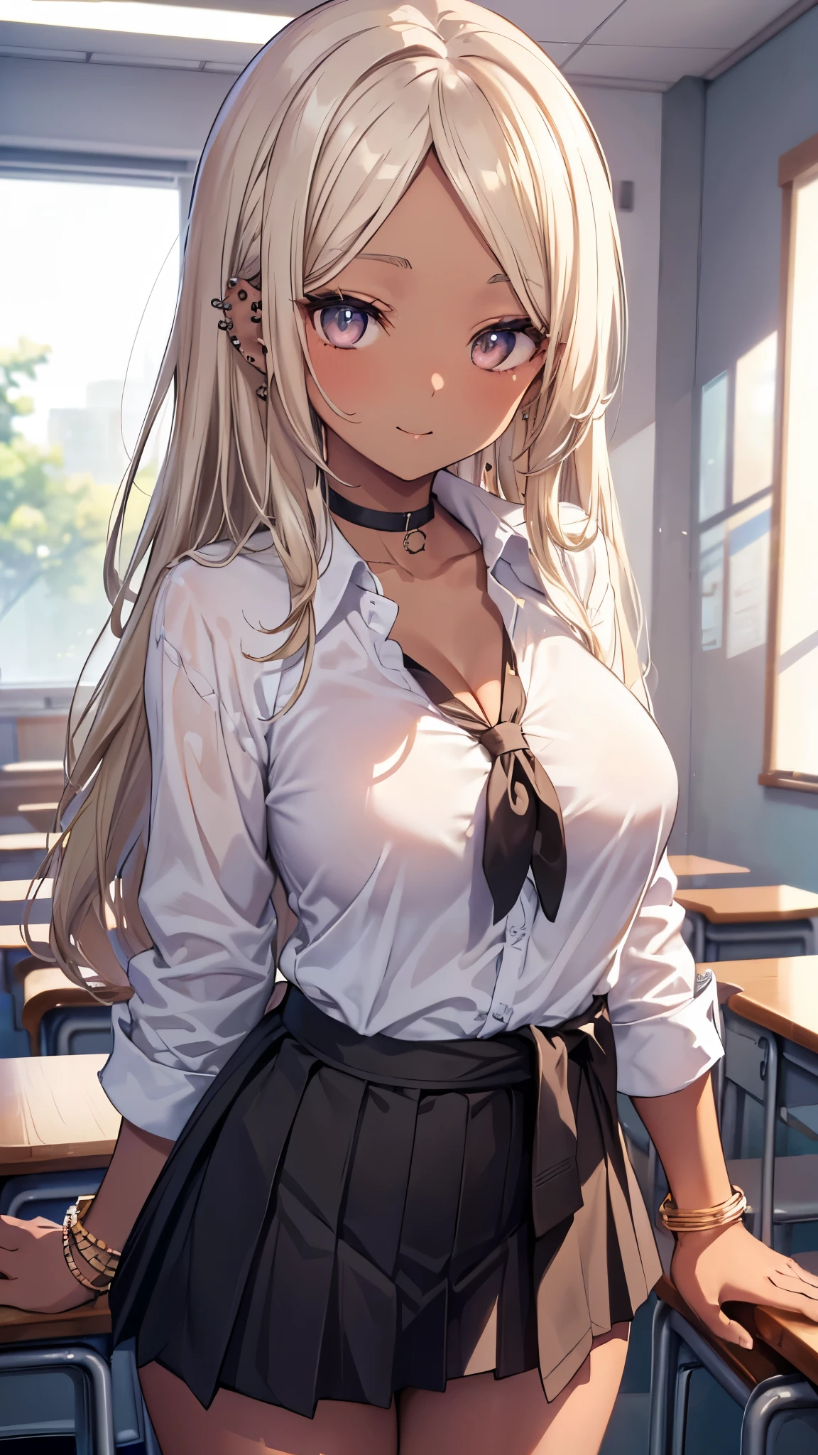 ((masterpiece,intricate details)),realistic, photorealistic,1girl,mature female,brown eyes,blush,
Voluminous afro,,silver hair,
:o,
large breasts,
thick thighs,
put one's legs together:1.2,
,
necktie,
pleated skirt,
white legwear,
wedge heels,
cameltoe,rainforest,cumulonimbus,((upper body)),
from above,
depth of field,looking at viewer, Table, Beautiful woman, Dark Skin, Japanese, Underbust, piercings, Clipping-fc, Large Breasts, Bright blonde hair, Curly pigtails, classroom, uniform, big breast