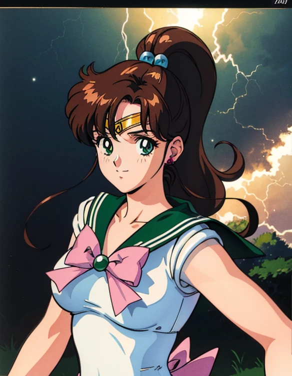  ( best quality, 4K, 8k,  high definition , masterpiece:1.2), Super detailed, (Realistic, photoRealistic, photo-Realistic:1.37) , 1990s \( style \), retro art style , 1990s anime cels  style ,  Sailor Jupiter,  medium breasts, Sailor Jupiterの服, Pink Ribbon , green skirt, ponytail,  jewelry,Combat with enemies,White gloves,Sunshine spot 1.2, blue lightning spot 1.5,night,(Give off lightning )