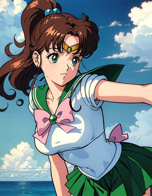  ( best quality, 4K, 8k,  high definition , masterpiece:1.2), Super detailed, (Realistic, photoRealistic, photo-Realistic:1.37) , 1990s \( style \), retro art style , 1990s anime cels  style ,  Sailor Jupiter,  medium breasts, Sailor Jupiterの服, Pink Ribbon , green skirt, ponytail,  jewelry,Combat with enemies,White gloves,Sunshine spot 1.2, blue lightning spot 1.5,night,(Give off lightning )