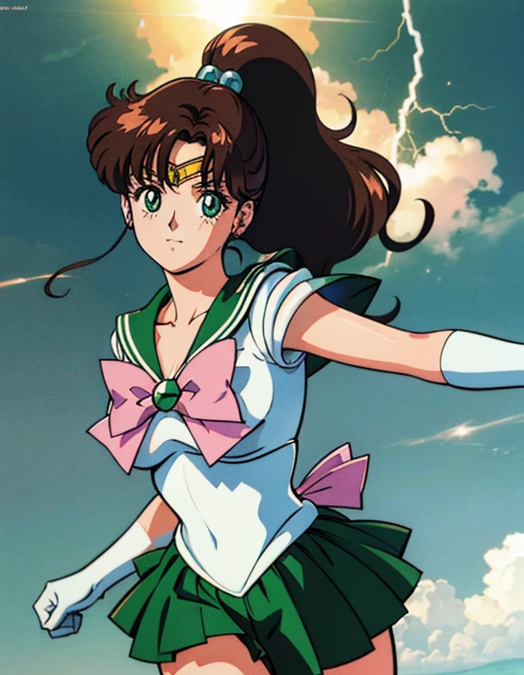  ( best quality, 4K, 8k,  high definition , masterpiece:1.2), Super detailed, (Realistic, photoRealistic, photo-Realistic:1.37) , 1990s \( style \), retro art style , 1990s anime cels  style ,  Sailor Jupiter,  medium breasts, Sailor Jupiterの服, Pink Ribbon , green skirt, ponytail,  jewelry,Combat with enemies,White gloves,Sunshine spot 1.2, blue lightning spot 1.5,night,(Give off lightning )