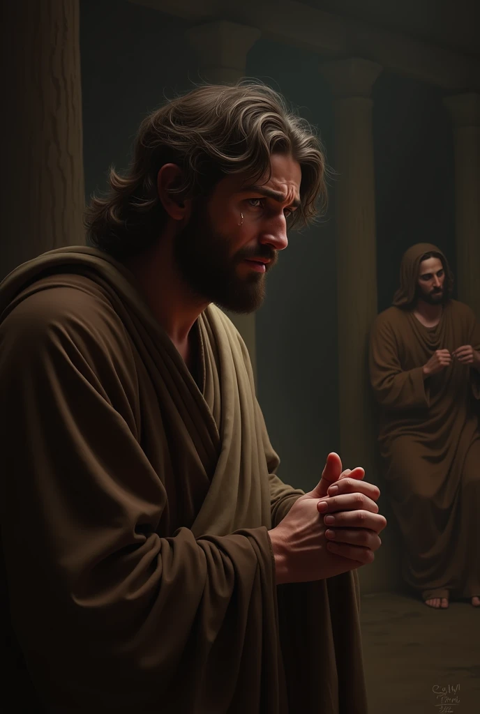 A man sitting and Jesus Christ listening to him