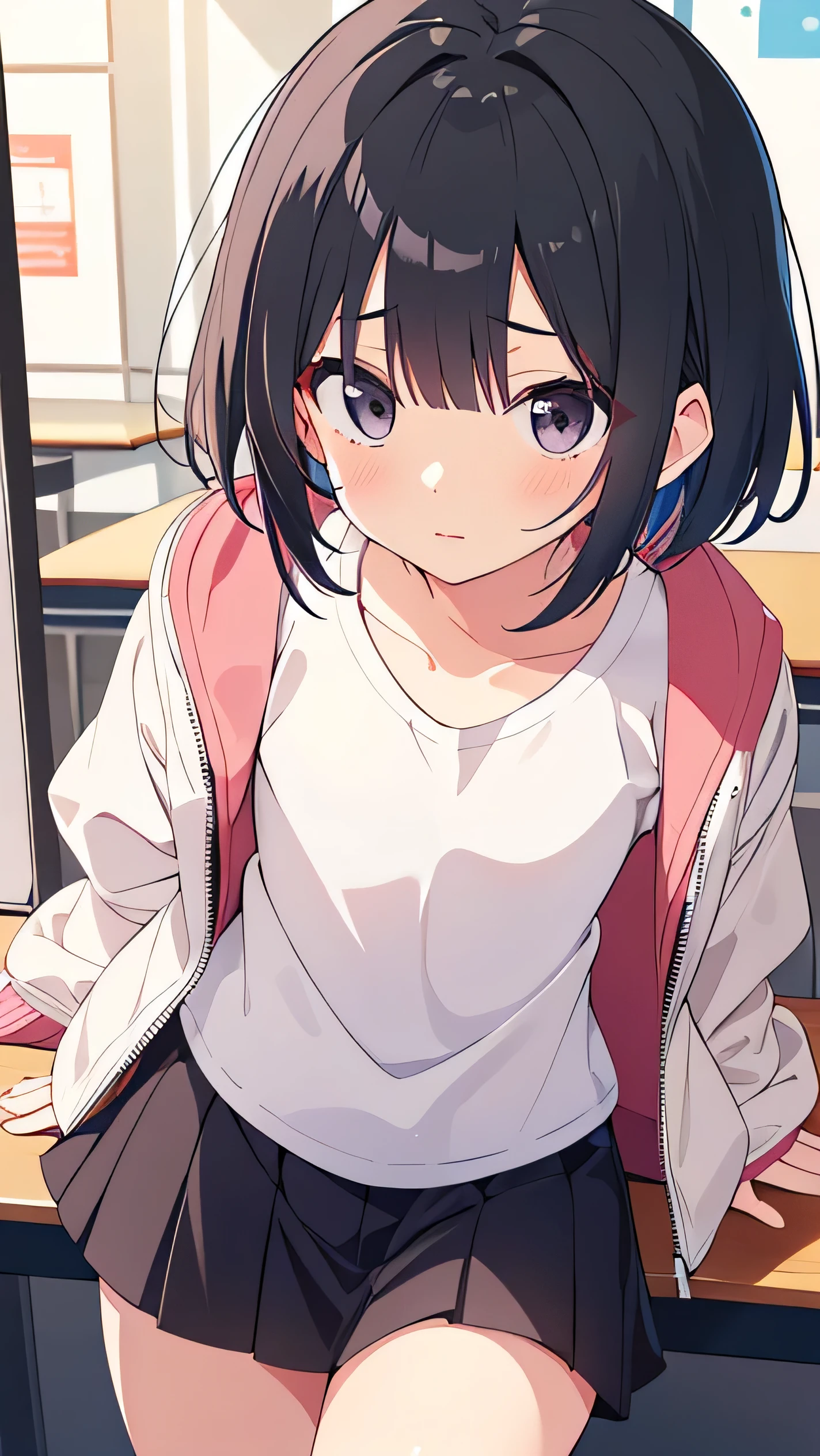Black hair, short cut, kind face, modest personality, round head, sagging eyes, droopy eyes, girl, , a little thin, jacket too big, white jacket, white T-shirt, pink miniskirt, black hair, bangs A little short, black eyes,flat chest