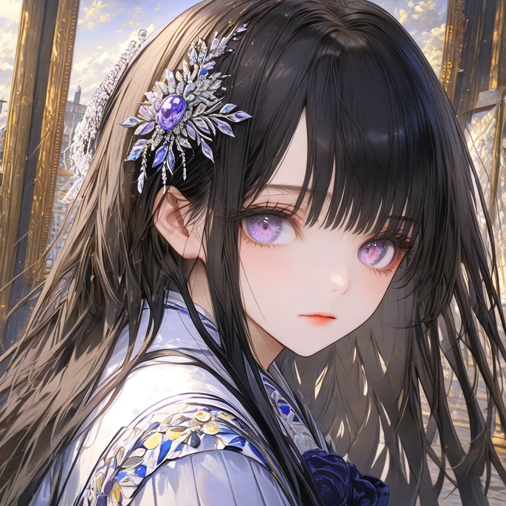 (((16K, absurdres, highres, ultra detailed, HDR, master piece, best quality, extremely detailed, delicated features, Incredibly sharp lines, noise removal))), 1 woman, Age 18, blunt bangs, sidelocks, black hair, clear Purple eyes, Beautifully drawn eyelashes Long, narrow eyes, perfect eyes, fine eyes, Make the picture clearer, write with sharp eyes, clear parts eye shape, Delicate hair, incredibly detailed hair, very beautiful hair, delicate hair right down to the tips, anime, Perfect hands, makeup, pale skin, Charming and cute, serious, (((front))), colorful, long Hair, black hair, Straight hair, European antique dresses, Artistic paintings, attractive poses, close-up, Face directly towards the camera, age 18,