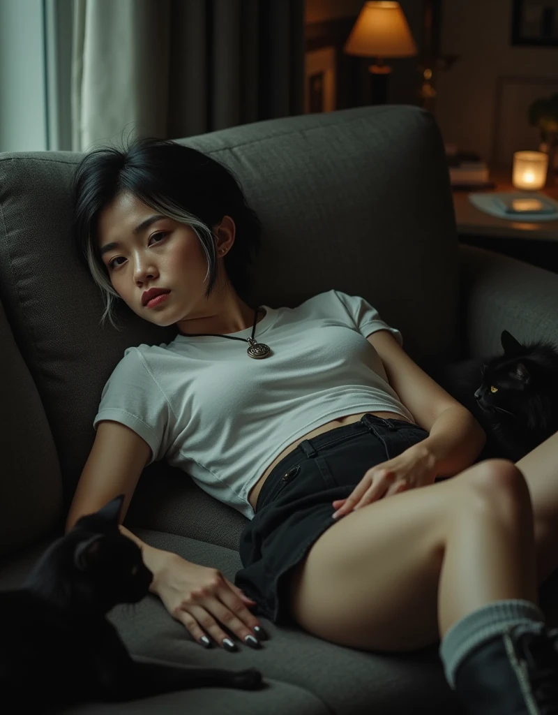 35mm photo, film, professional, 4K, highly detailed photo, Asian woman lying on a sofa in a dimly lit London apartment room, cinematic photo, Grumpy (28 years old: 1.5), dark-haired, (thin: 1.3), medium-sized chest, thin legs, wearing platform boots, face looks lethargic and disinterested, messy black and silver short hair, very pale skin, thin, small face, very big breasts, wearing a short skirt and cropped T-shirt, simple pendant with black string around neck, woman lying on sofa with black cat,