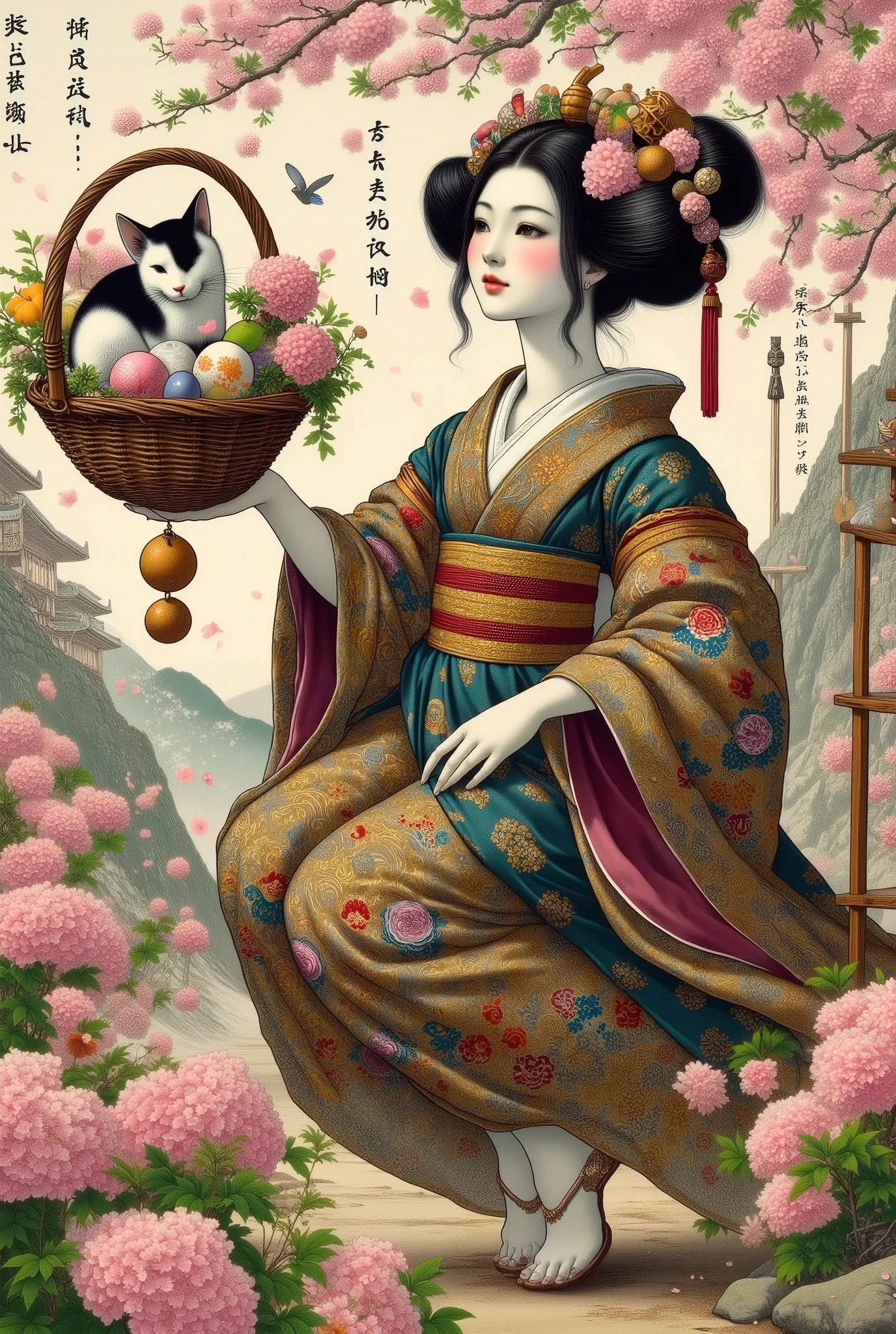 (Ultra-detailed face, Looking away, Fantasy Illustration with Gothic, Rich tone colors.), BREAK 
(A Japanese dancer in a Japanese kimono dances quietly on an outdoor theater built in the garden of a large Kyoto shrine as cherry blossom petals dance in bold poses and large actions, moving widely across the stage.), BREAK 
(The dancer wears a greenish-brown Japanese kimono with a vermilion hairpin in her tied Japanese hair. Her kimono is decorated with a ball of woven thread, a celadon incense burner, a bamboo screen and wisteria flowers fluttering in the wind. A fan with a tortoiseshell cat on it is open, and she dances gracefully, stepping with it. She wears white tabi socks on her feet.), BREAK 
(A female dancer of a young age with jet-black hair and eyebrows, her hair tied in a round topknot, small pink lips, white skin coated with white powder, lavender eyes, and thick, dark eyeliner around her eyes.)