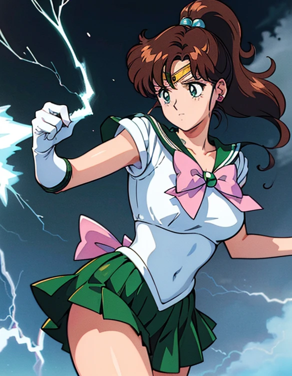  ( best quality, 4K, 8k,  high definition , masterpiece:1.2), Super detailed, (Realistic, photoRealistic, photo-Realistic:1.37) , 1990s \( style \), retro art style , 1990s anime cels  style ,  Sailor Jupiter,  medium breasts, Sailor Jupiterの服, Pink Ribbon , green skirt, ponytail,  jewelry,Combat with enemies,White gloves, Blue Lightning Spot 1.5,night,(Throw Lightning out of your palm1.3)