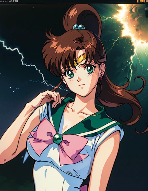  ( best quality, 4K, 8k,  high definition , masterpiece:1.2), Super detailed, (Realistic, photoRealistic, photo-Realistic:1.37) , 1990s \( style \), retro art style , 1990s anime cels  style ,  Sailor Jupiter,  medium breasts, Sailor Jupiterの服, Pink Ribbon , green skirt, ponytail,  jewelry,Combat with enemies,White gloves, Blue Lightning Spot 1.5,night,(Throw Lightning out of your palm1.3)