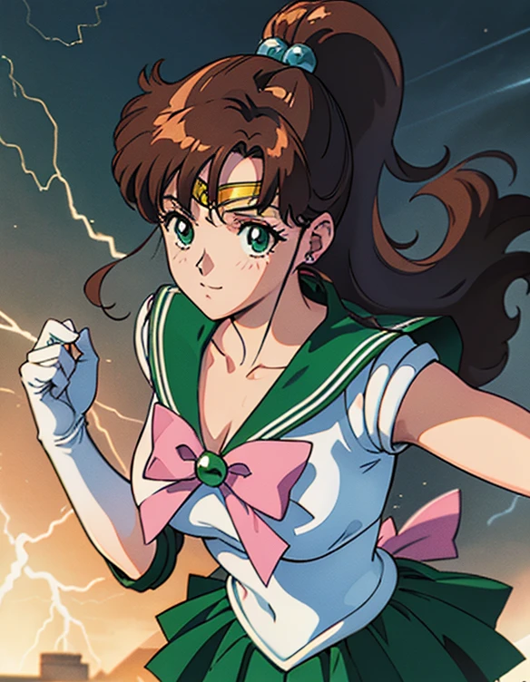  ( best quality, 4K, 8k,  high definition , masterpiece:1.2), Super detailed, (Realistic, photoRealistic, photo-Realistic:1.37) , 1990s \( style \), retro art style , 1990s anime cels  style ,  Sailor Jupiter,  medium breasts, Sailor Jupiterの服, Pink Ribbon , green skirt, ponytail,  jewelry,Combat with enemies,White gloves, Blue Lightning Spot 1.5,night,(Throw Lightning out of your palm1.3)