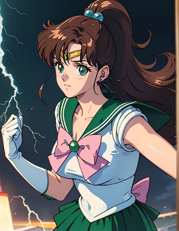  ( best quality, 4K, 8k,  high definition , masterpiece:1.2), Super detailed, (Realistic, photoRealistic, photo-Realistic:1.37) , 1990s \( style \), retro art style , 1990s anime cels  style ,  Sailor Jupiter,  medium breasts, Sailor Jupiterの服, Pink Ribbon , green skirt, ponytail,  jewelry,Combat with enemies,White gloves, Blue Lightning Spot 1.5,night,(Throw Lightning out of your palm1.3)